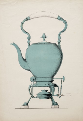 Ornamentprent. thee- of koffiepot op een komfoor.